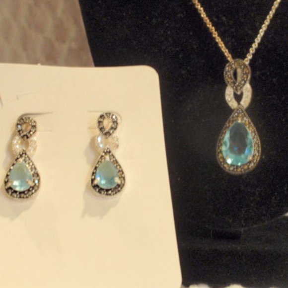 NWOT Plated Topaz Sterling Silver and Marcasite Teardrop Necklace,earrings - Picture 7 of 12